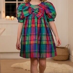 Storybook Heirlooms Girls Plaid Taffeta Holiday Dress Puff Sleeve Bow Vintage 4T